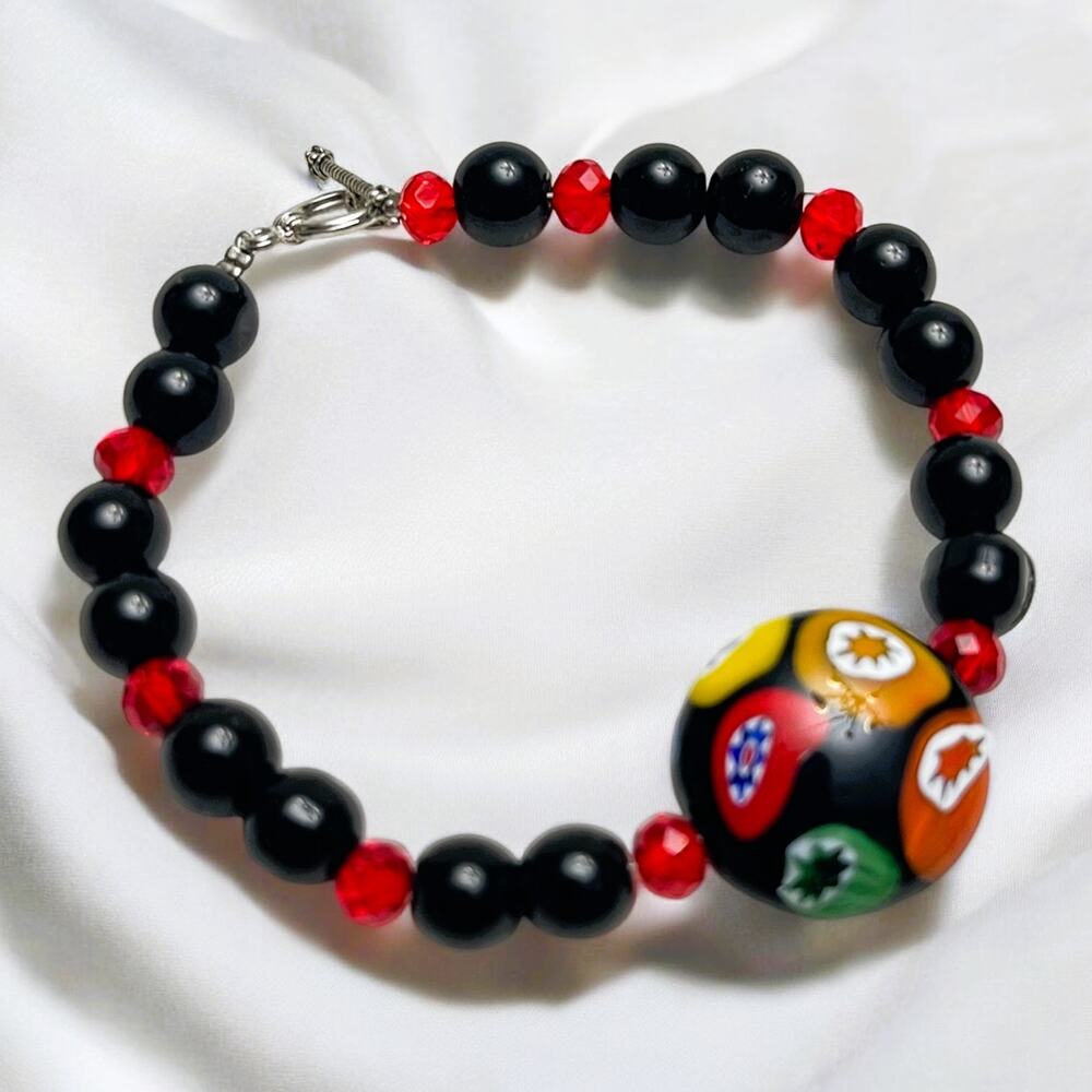 Vintage Murano Millefiori Bead, Black Glass Beads, & Red Crystals Bracelet